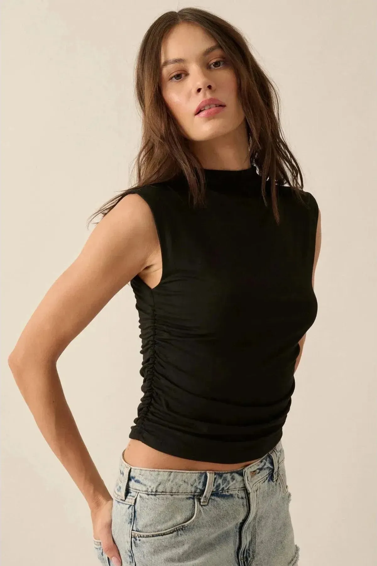 Yve Ruched Mock Neck Tank - Black